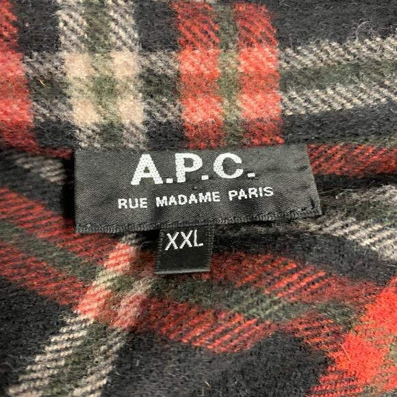 A.P.C. Size XXL Black Red Plaid Wool Blend One Pocket Long Sleeve Shirt - Picture 4 of 6